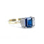 Emerald Cut Sapphire and Baguette Diamond 3 Stone Ring, Circa 1970