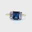 Emerald Cut Sapphire and Baguette Diamond 3 Stone Ring, Circa 1970